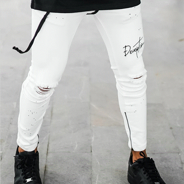 2021 High quality Men Skinny Jeans Biker Destroyed Frayed Fit Denim Ripped Denim Pants Side Stripe Pencil Trousers