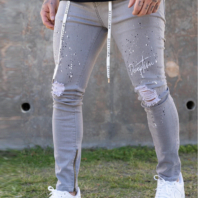 2021 High quality Men Skinny Jeans Biker Destroyed Frayed Fit Denim Ripped Denim Pants Side Stripe Pencil Trousers