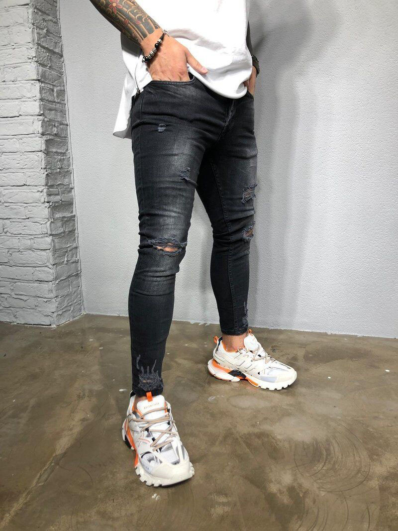 2021 High quality Mens Solid Color Jeans Slim Pencil Pants Sexy Casual Hole Ripped Streetwear Jeans Trousers