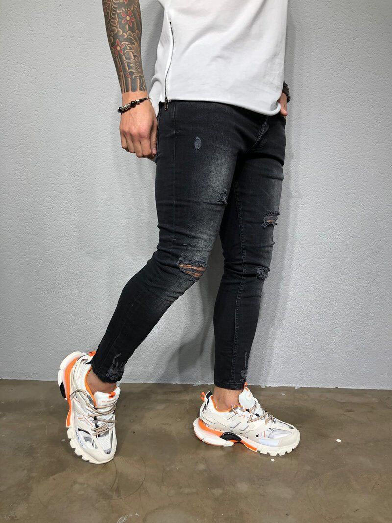 2021 High quality Mens Solid Color Jeans Slim Pencil Pants Sexy Casual Hole Ripped Streetwear Jeans Trousers