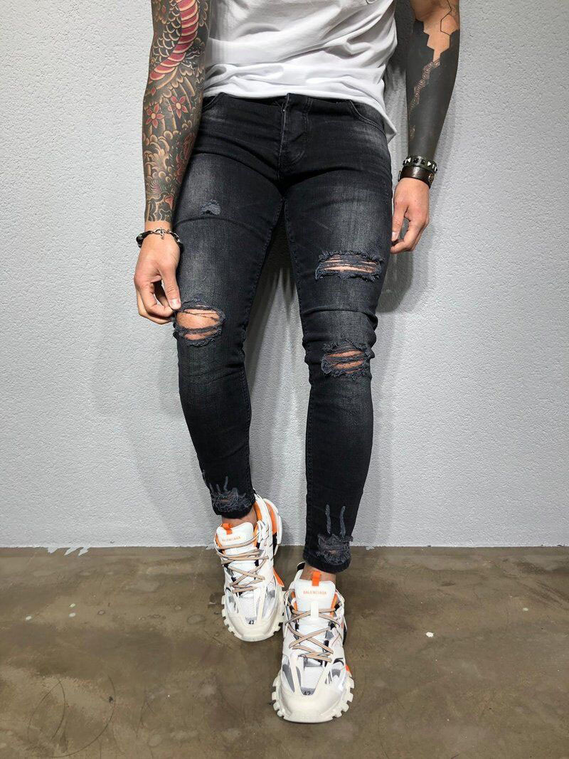 2021 High quality Mens Solid Color Jeans Slim Pencil Pants Sexy Casual Hole Ripped Streetwear Jeans Trousers