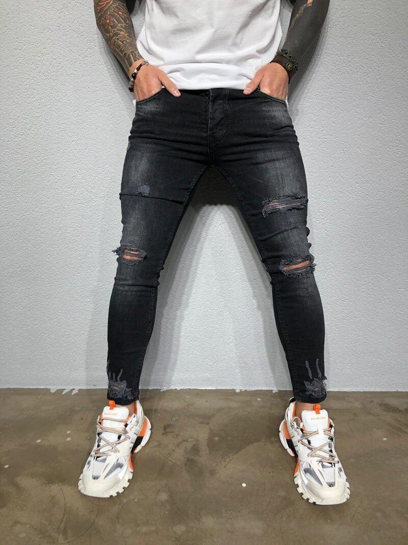 2021 High quality Mens Solid Color Jeans Slim Pencil Pants Sexy Casual Hole Ripped Streetwear Jeans Trousers
