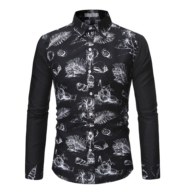 2021 High quality Mens Black Casual Dress Shirts Floral Hawaiian Shirt Men Slim Fit Long Sleeve Shirts