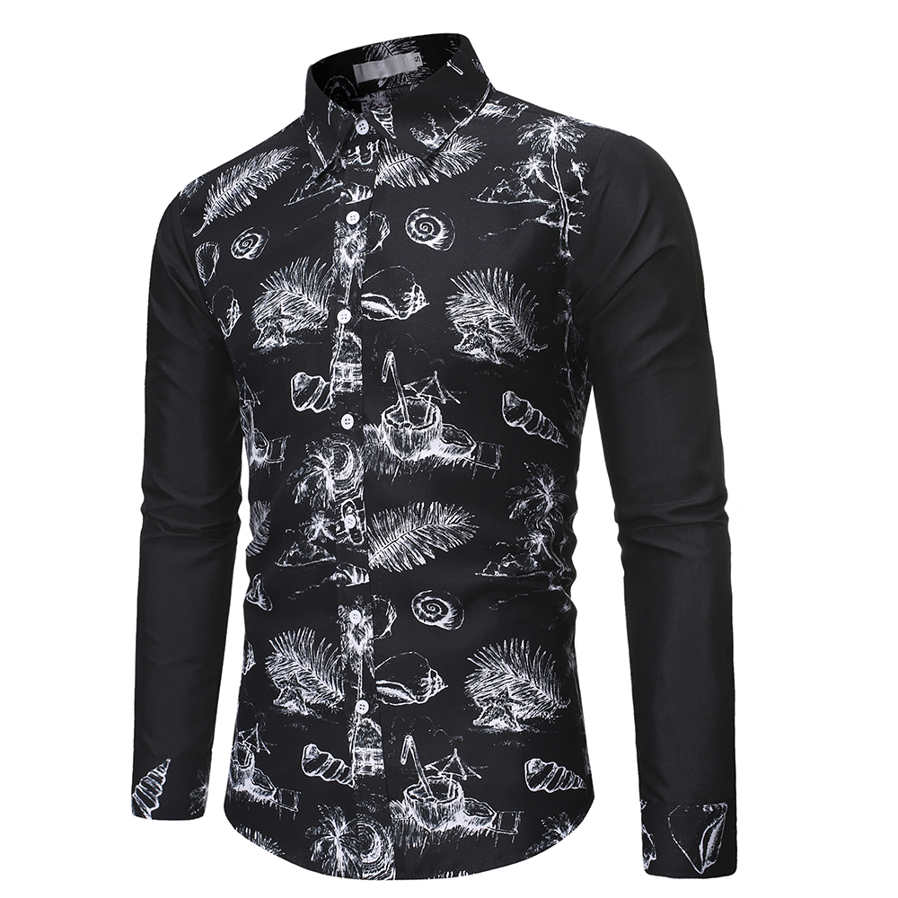 2021 High quality Mens Black Casual Dress Shirts Floral Hawaiian Shirt Men Slim Fit Long Sleeve Shirts