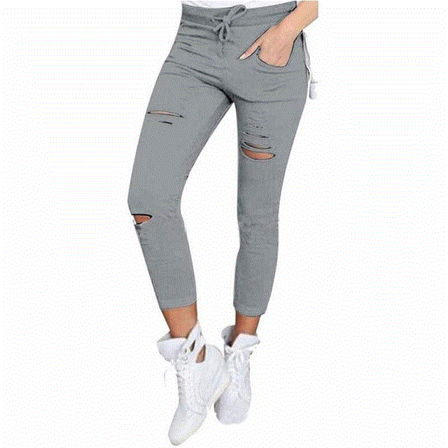 2021 High quality Women Fashion High Waisted Stretchy Skinny Broken Hole Pencil Pants Solid Color Trousers Womens