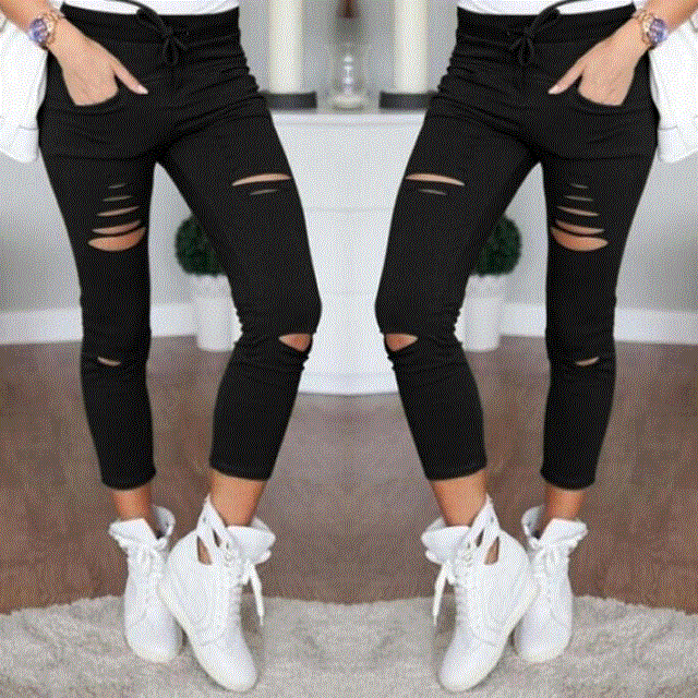 2021 High quality Women Fashion High Waisted Stretchy Skinny Broken Hole Pencil Pants Solid Color Trousers Womens