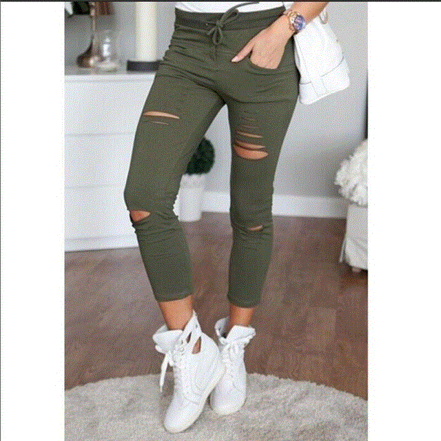 2021 High quality Women Fashion High Waisted Stretchy Skinny Broken Hole Pencil Pants Solid Color Trousers Womens