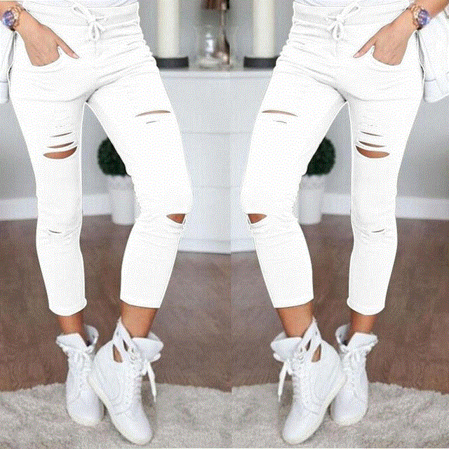 2021 High quality Women Fashion High Waisted Stretchy Skinny Broken Hole Pencil Pants Solid Color Trousers Womens