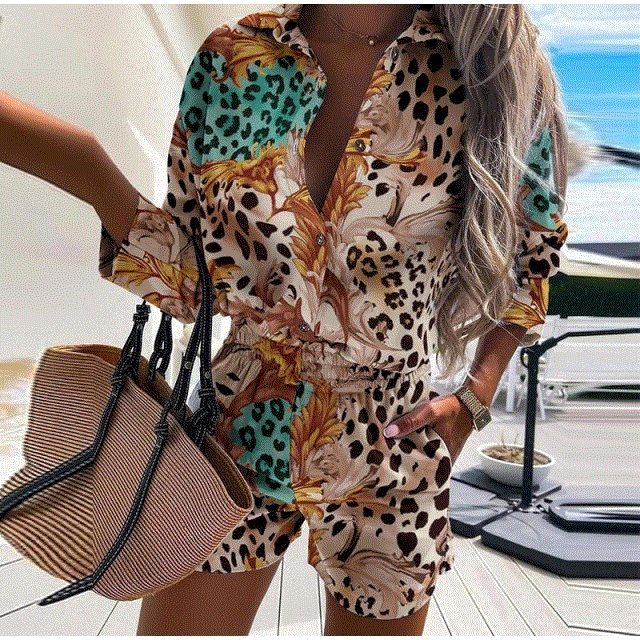 Fashion Leopard Print Two Piece Sets Women Casual Shirt Tops Shorts Long Sleeve Turn Down Collar Shirt Lady Outfits Tracksuit