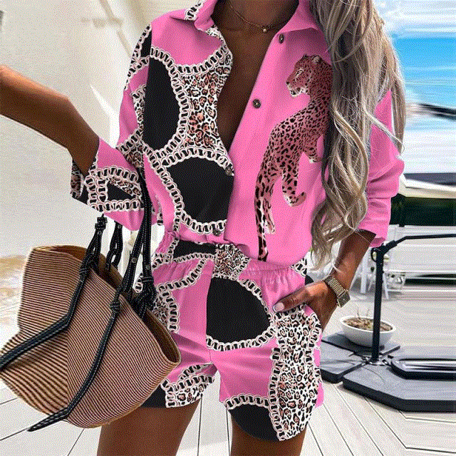 Fashion Leopard Print Two Piece Sets Women Casual Shirt Tops Shorts Long Sleeve Turn Down Collar Shirt Lady Outfits Tracksuit