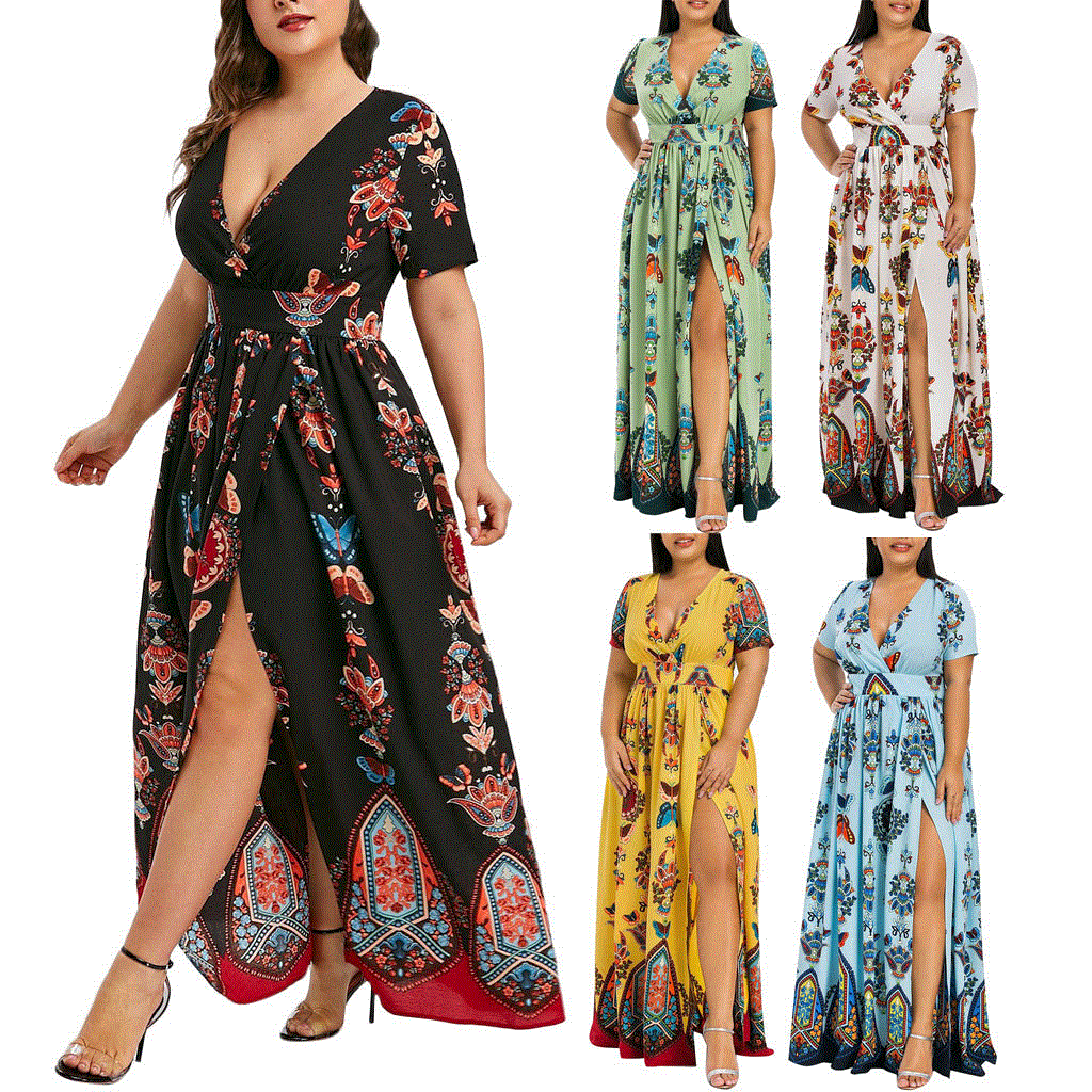 2021 High quality Chiffon Dress Summer Fashion Women Butterfly Printed V-neck Dresses Short Sleeve Casual Long Dress