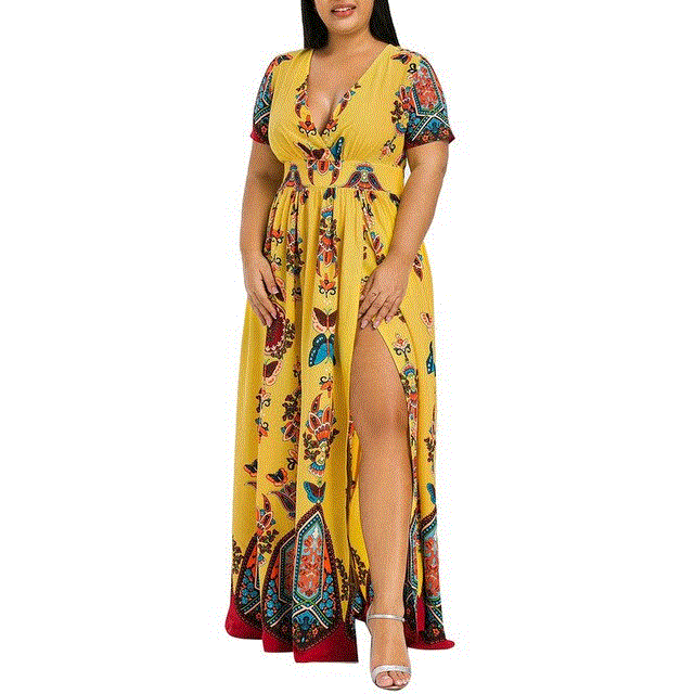 2021 High quality Chiffon Dress Summer Fashion Women Butterfly Printed V-neck Dresses Short Sleeve Casual Long Dress
