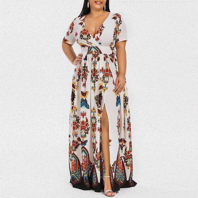 2021 High quality Chiffon Dress Summer Fashion Women Butterfly Printed V-neck Dresses Short Sleeve Casual Long Dress
