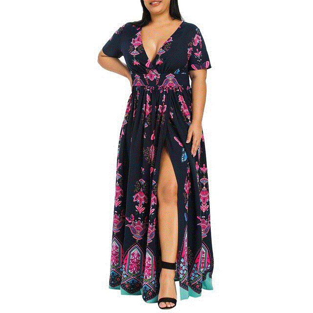 2021 High quality Chiffon Dress Summer Fashion Women Butterfly Printed V-neck Dresses Short Sleeve Casual Long Dress