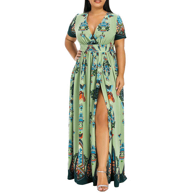 2021 High quality Chiffon Dress Summer Fashion Women Butterfly Printed V-neck Dresses Short Sleeve Casual Long Dress