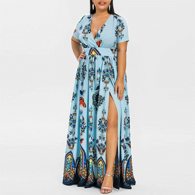 2021 High quality Chiffon Dress Summer Fashion Women Butterfly Printed V-neck Dresses Short Sleeve Casual Long Dress