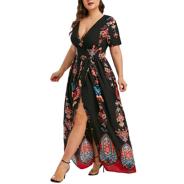 2021 High quality Chiffon Dress Summer Fashion Women Butterfly Printed V-neck Dresses Short Sleeve Casual Long Dress