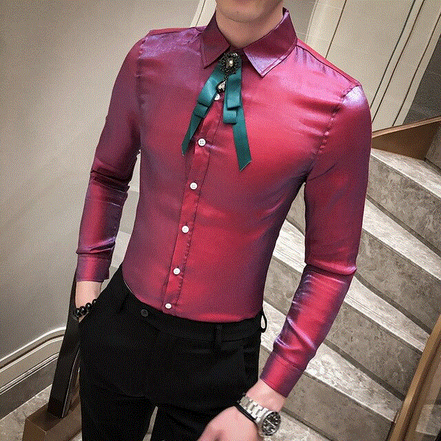 2021 High quality Luxury Shine Shirt Men Fashion Slim Fit Mens Casual Shirts Long Sleeve Streetwear Solid Shirt