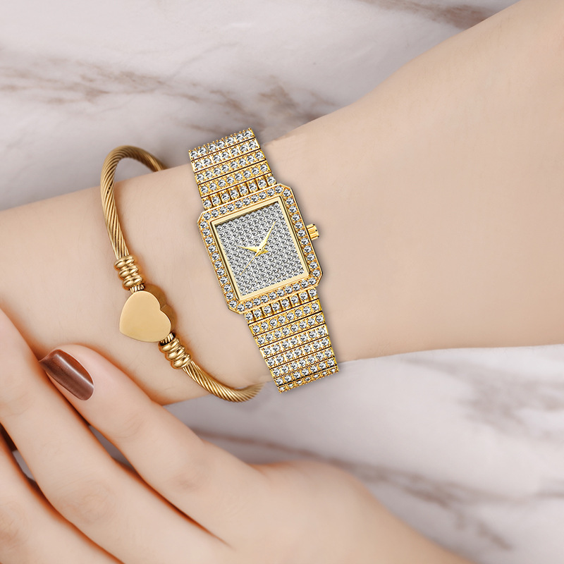 2021 High quality WomenLadies Gold Square Watch  Analog Quartz Movt Unique Female Iced Out Watch