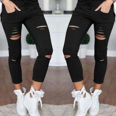 2021 High quality Women Fashion Slim High Waisted Stretchy Skinny Broken Hole Pencil Pants Solid  Trousers Womens