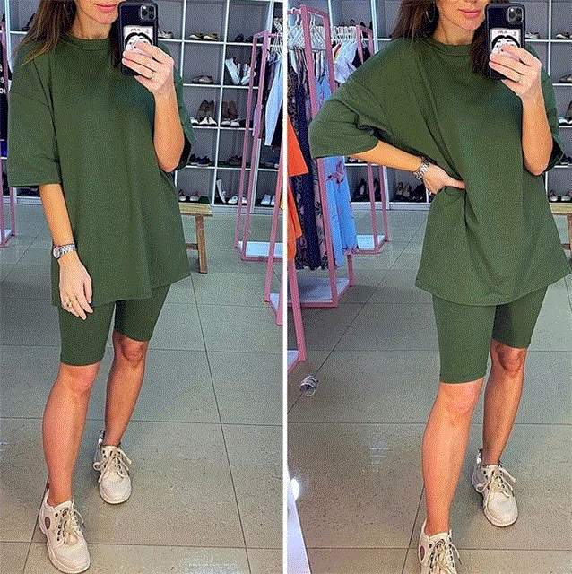 2021 High quality Suit With Belt Solid O-Neck Home Loose Casual Fashion Leisure Bicycles Shorts Set
