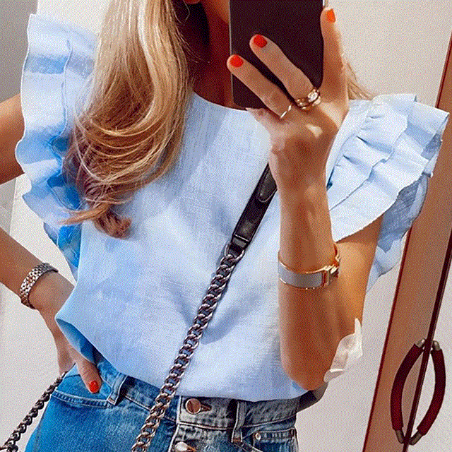 2021 High quality Women Pineapple Floral Print Ruffle Blouse  Summer Butterfly Sleeve Shirt Elegant Office Lady O-Neck Tops Blusa Streetwear