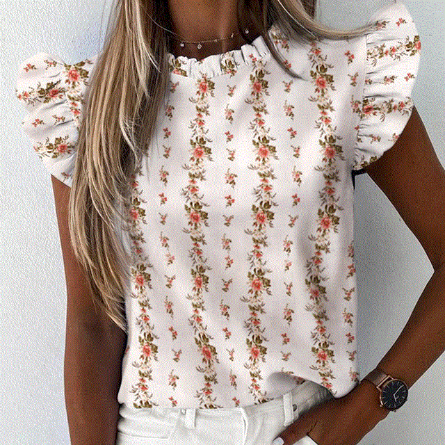 2021 High quality Women Pineapple Floral Print Ruffle Blouse  Summer Butterfly Sleeve Shirt Elegant Office Lady O-Neck Tops Blusa Streetwear