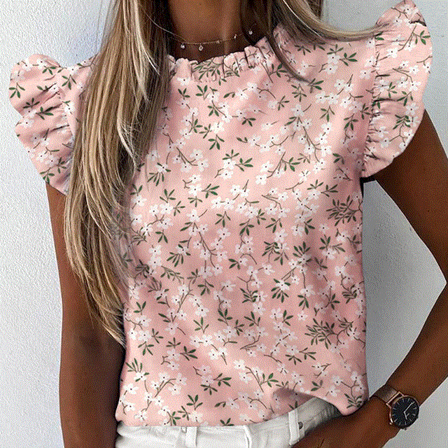 2021 High quality Women Pineapple Floral Print Ruffle Blouse  Summer Butterfly Sleeve Shirt Elegant Office Lady O-Neck Tops Blusa Streetwear