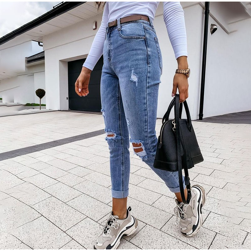 2021 High quality Women's Pants High Waist Ripped Pencil Jeans Women Classic Hole Skinny Trousers Female Long Jean