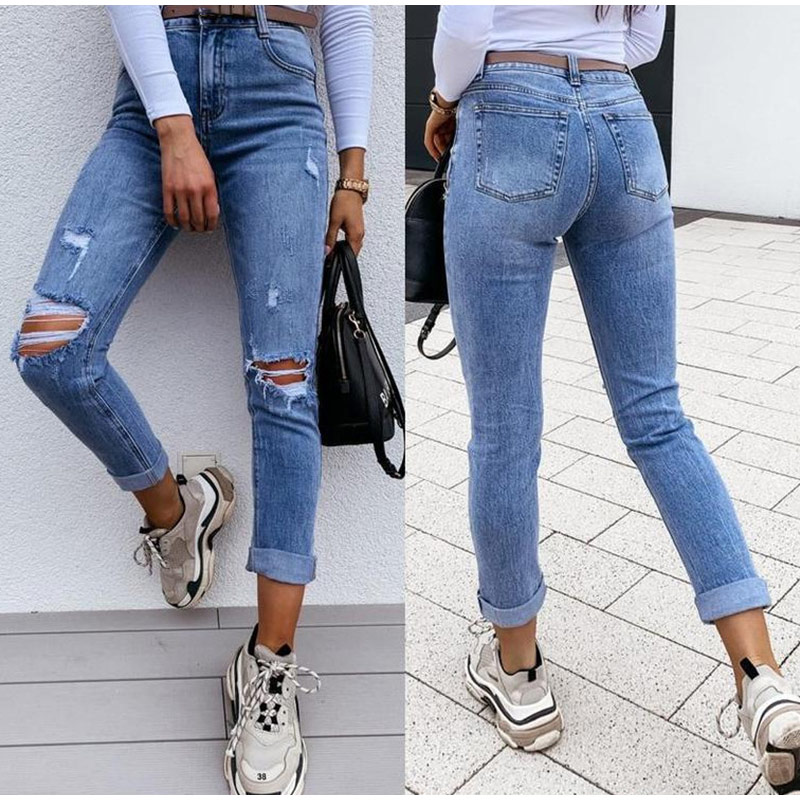 2021 High quality Women's Pants High Waist Ripped Pencil Jeans Women Classic Hole Skinny Trousers Female Long Jean