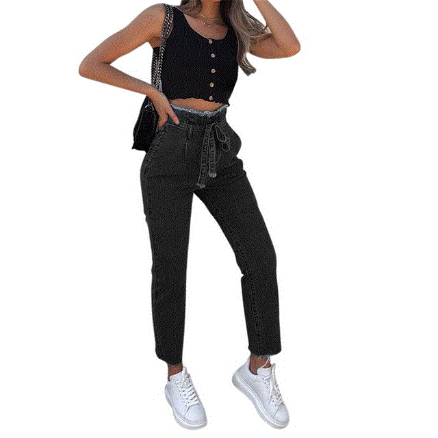 2021 High quality Women Vintage Jeans High Waist Belt Stretch Female Tassel Pencil Slim Skinny Trouser Zipper Pants
