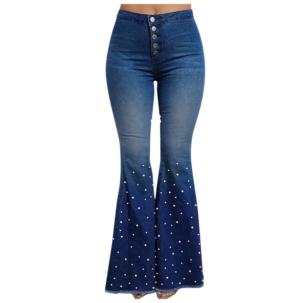 2021 High quality Women's High Waist Jeans Button Tassel Trousers Bell-bottom Pants Jeans Bling Flare Casual Cool