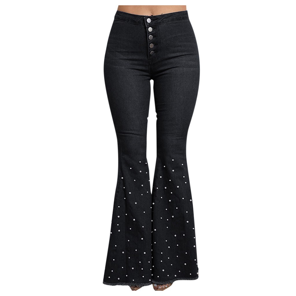 2021 High quality Women's High Waist Jeans Button Tassel Trousers Bell-bottom Pants Jeans Bling Flare Casual Cool