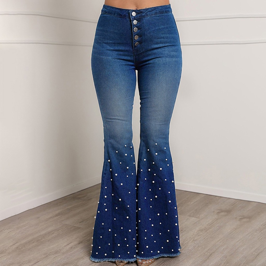 2021 High quality Women's High Waist Jeans Button Tassel Trousers Bell-bottom Pants Jeans Bling Flare Casual Cool