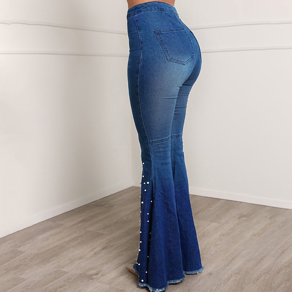2021 High quality Women's High Waist Jeans Button Tassel Trousers Bell-bottom Pants Jeans Bling Flare Casual Cool