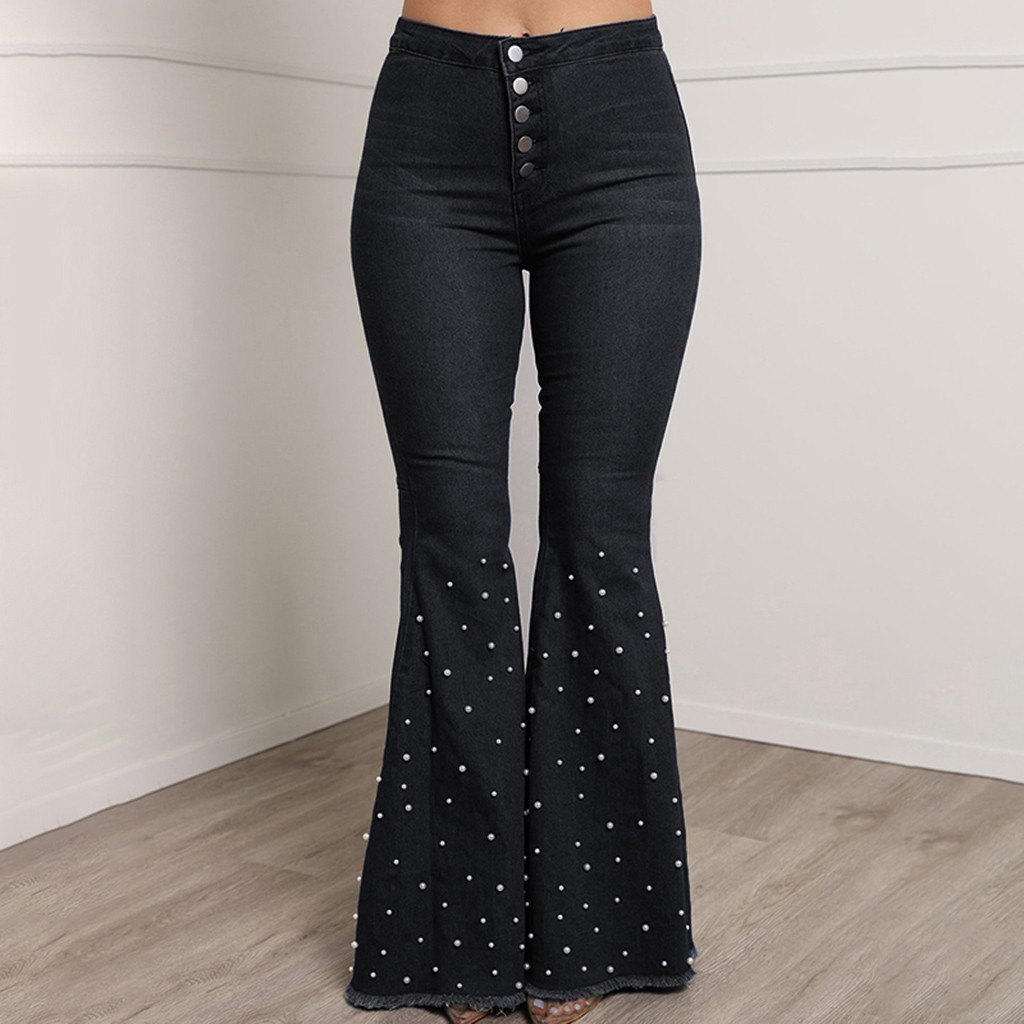 2021 High quality Women's High Waist Jeans Button Tassel Trousers Bell-bottom Pants Jeans Bling Flare Casual Cool
