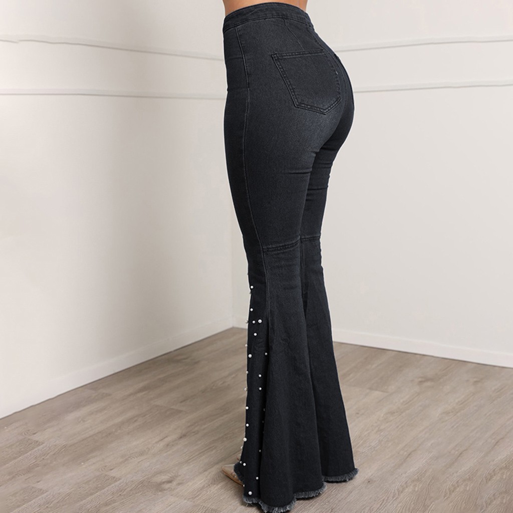 2021 High quality Women's High Waist Jeans Button Tassel Trousers Bell-bottom Pants Jeans Bling Flare Casual Cool