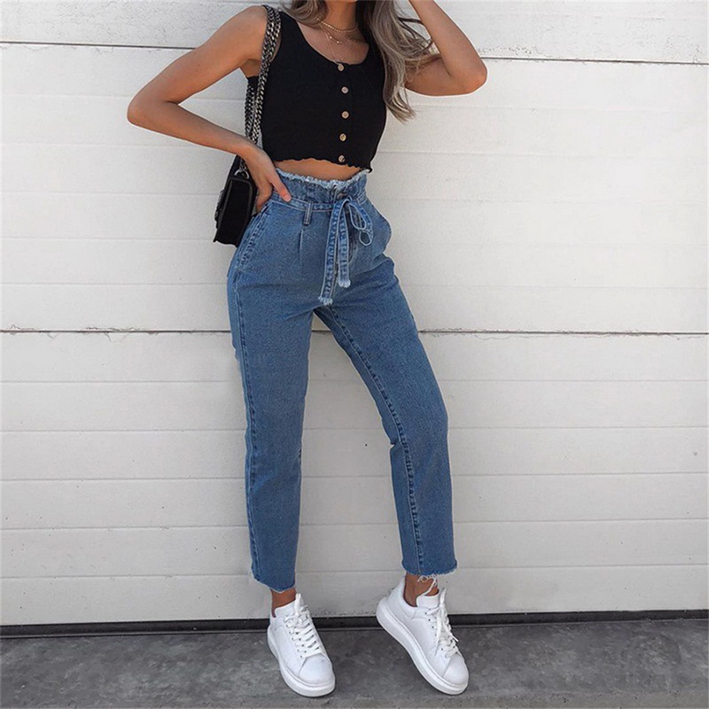 2021 High quality Women Vintage Jeans High Waist Belt Stretch Female Tassel Pencil Slim Skinny Trouser Zipper Pants