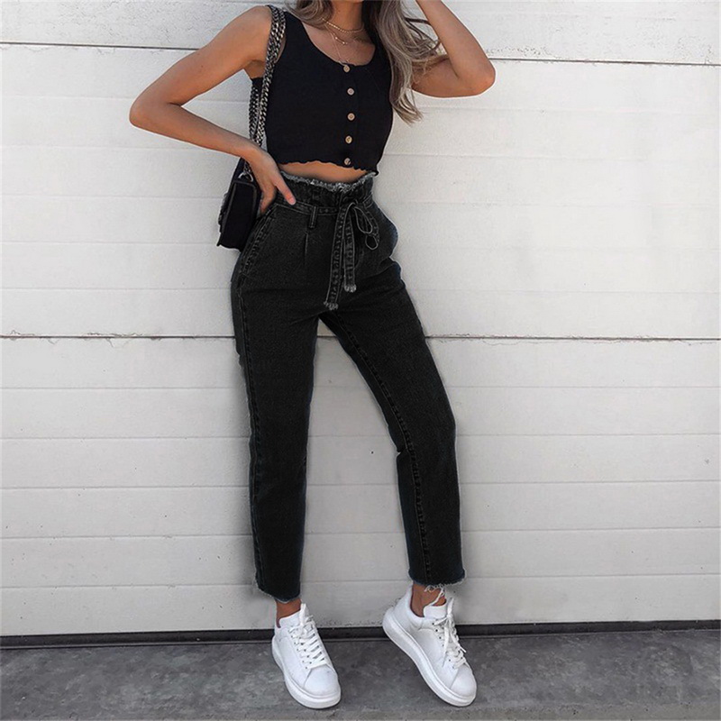 2021 High quality Women Vintage Jeans High Waist Belt Stretch Female Tassel Pencil Slim Skinny Trouser Zipper Pants