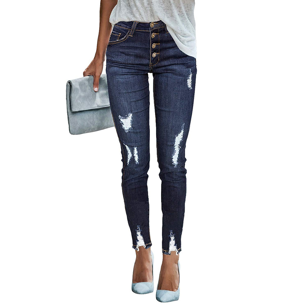 2021 High quality Women Skinny Denim Pants Ripped Destroyed Pleated Stretch Jeans Slim Pencil Trousers Fashion