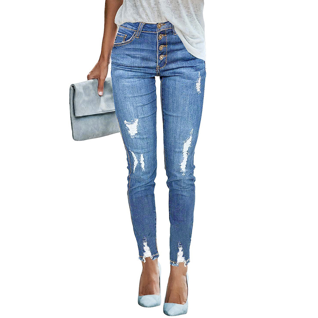 2021 High quality Women Skinny Denim Pants Ripped Destroyed Pleated Stretch Jeans Slim Pencil Trousers Fashion