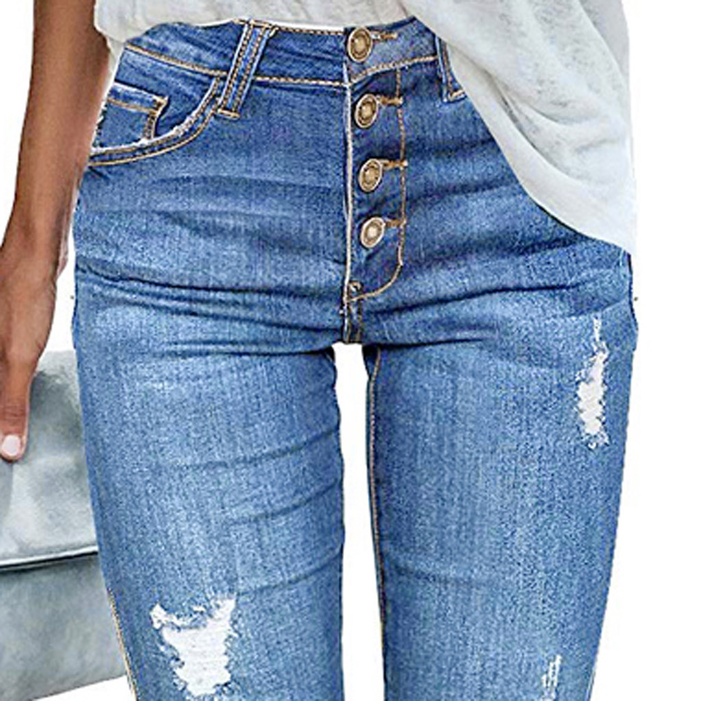 2021 High quality Women Skinny Denim Pants Ripped Destroyed Pleated Stretch Jeans Slim Pencil Trousers Fashion