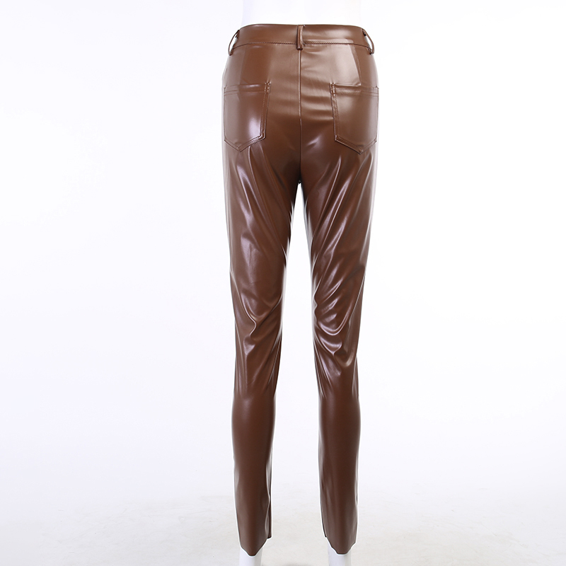 2021 High quality High Waist Faux Leather Women's Pants Hem Split Brown Casual Ladies Streetwear Trousers Pencil Pants