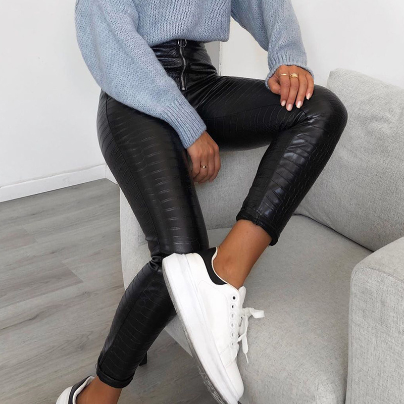 2021 High quality Fashion Skinny PU Leather Pants Bottoms Women Ladies Trendy Sexy High Waist Zipper Pencil Trousers