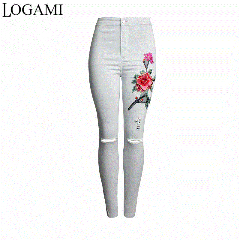 2021 High quality High Waist Jeans Ripped Skinny Embroidered-Jeans With Flowers Woman Denim Trousers