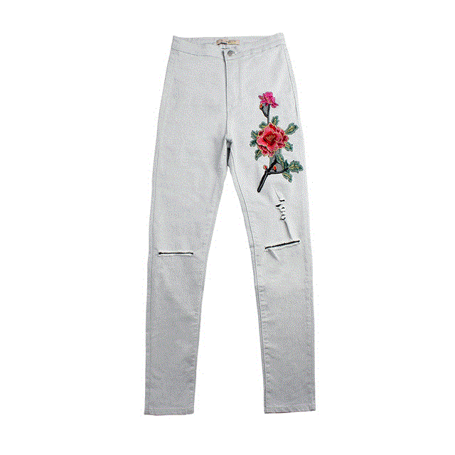 2021 High quality High Waist Jeans Ripped Skinny Embroidered-Jeans With Flowers Woman Denim Trousers