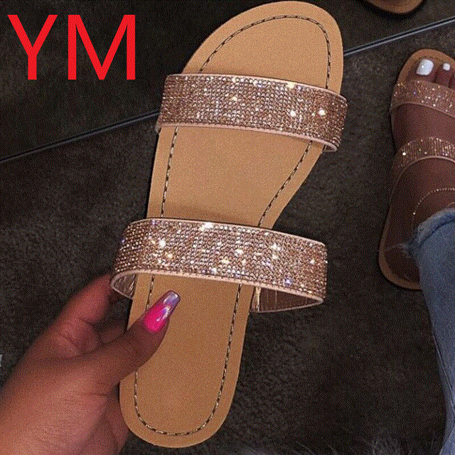 2021 High quality Summer Women Sandals Crystal Women Shoes Bling Mules Slides Peep Toe Flats Heels Female Shoe Casual