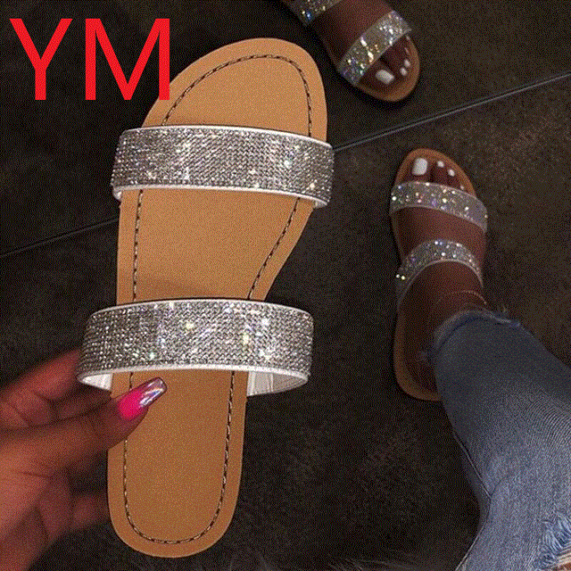 2021 High quality Summer Women Sandals Crystal Women Shoes Bling Mules Slides Peep Toe Flats Heels Female Shoe Casual