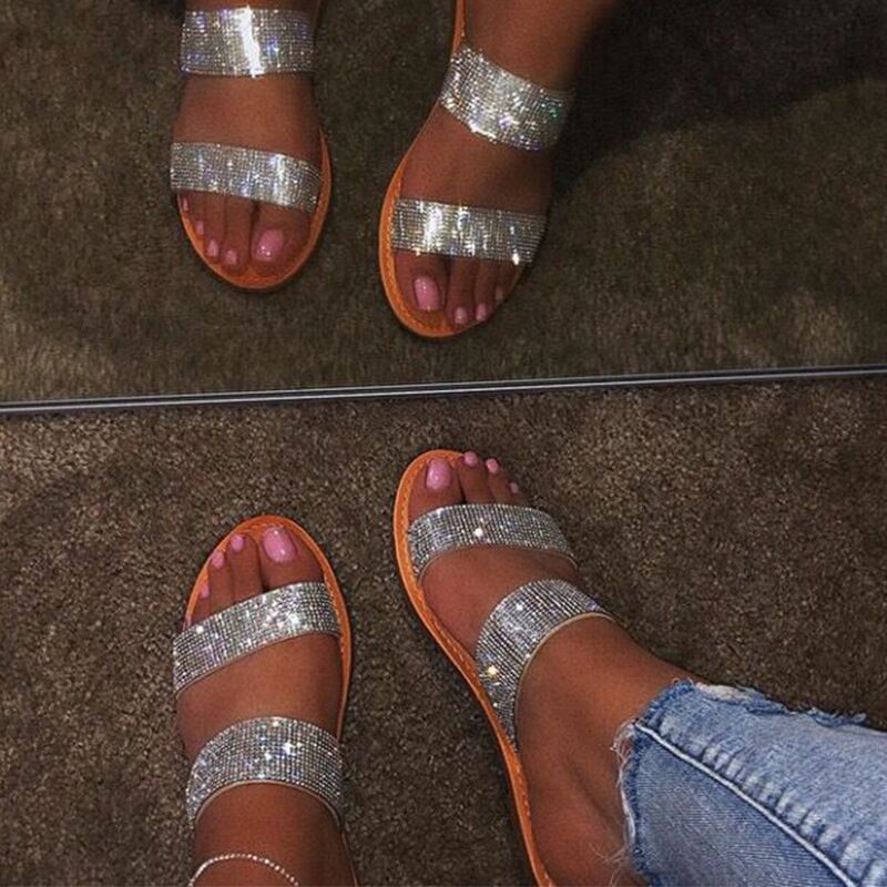 2021 High quality Summer Women Sandals Crystal Women Shoes Bling Mules Slides Peep Toe Flats Heels Female Shoe Casual