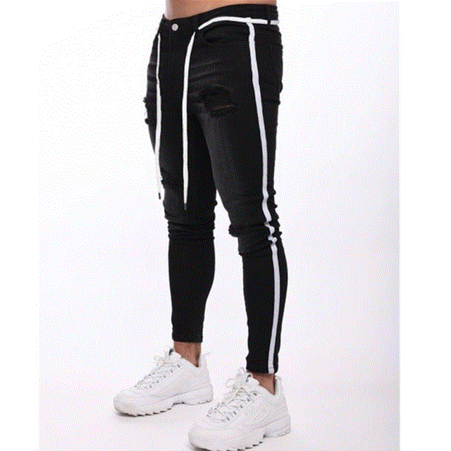 2021 High quality Men Biker Skinny Jeans Side Stripe Slim Fit Pencil Trousers Male Party Street Hip Hop Denim Pants